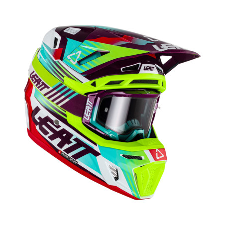 LEATT (2023) šalmas MOTO 8.5 V23 (+ akiniai 5.5 dovanų) HELMET KIT NEON spalva: žalia FLUO/violetinė/mėlyna, dydis: L (59-60 cm)