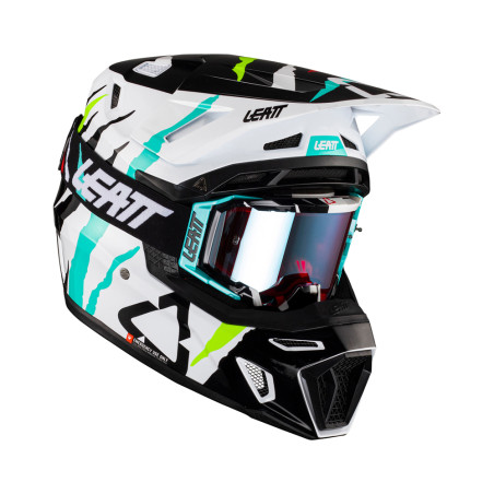 LEATT (2023) šalmas MOTO 8.5 V23 (+ akiniai 5.5 dovanų) HELMET KIT TIGER spalva: juoda/balta/mėlyna/geltona FLUO, dydis: L (59-6