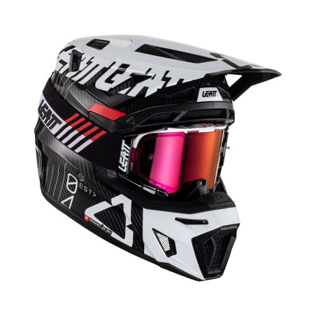 LEATT (2023) šalmas MOTO 9.5 CARBON WHITE V23 (+ akiniai 6.5 IRIZ dovanų) HELMET KIT spalva: juoda/balta, dydis: L (59-60 cm)