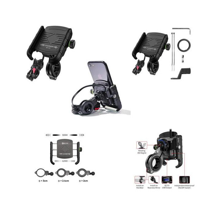 BIKETEC motorcycle phone holder with charger USB 3.0 handlebar mounting type: R9-METAL USB QC