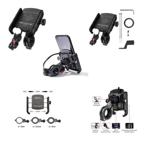 BIKETEC motorcycle phone holder with charger USB 3.0 handlebar mounting type: R9-METAL USB QC