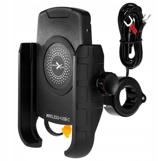BIKETEC motorcycle phone holder with wireless charger USB-C, QUICK CHARGE handlebar mounting type: R9W-PD METAL WIRELESS