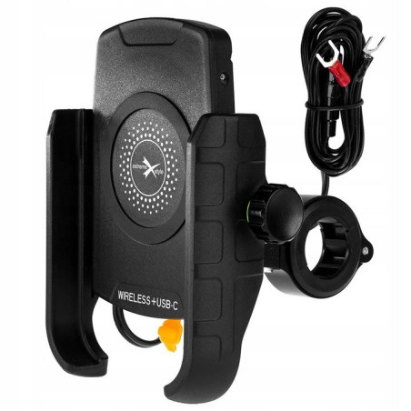 BIKETEC motorcycle phone holder with wireless charger USB-C, QUICK CHARGE handlebar mounting type: R9W-PD METAL WIRELESS