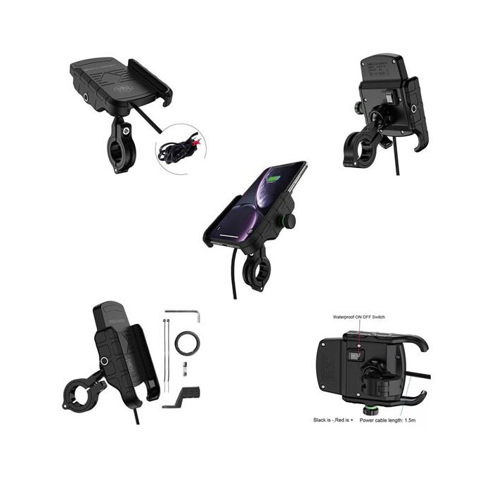 BIKETEC motorcycle phone holder with charger wireless handlebar mounting type: R9W-METAL WIRELESS