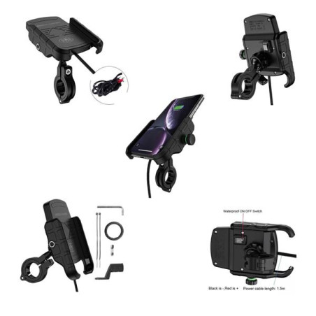 BIKETEC telefono laikiklis motociklui su pakrovėju belaidis montavimas ant vairo tipas: R9W-METAL WIRELESS