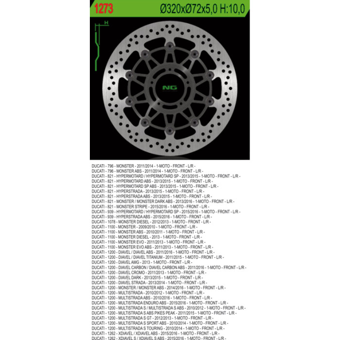 NG brake disc front DUCATI 796 / 821 / 1078 / 1100 / 1200 '11-'16 (320X72X5) (5X8,5mm)