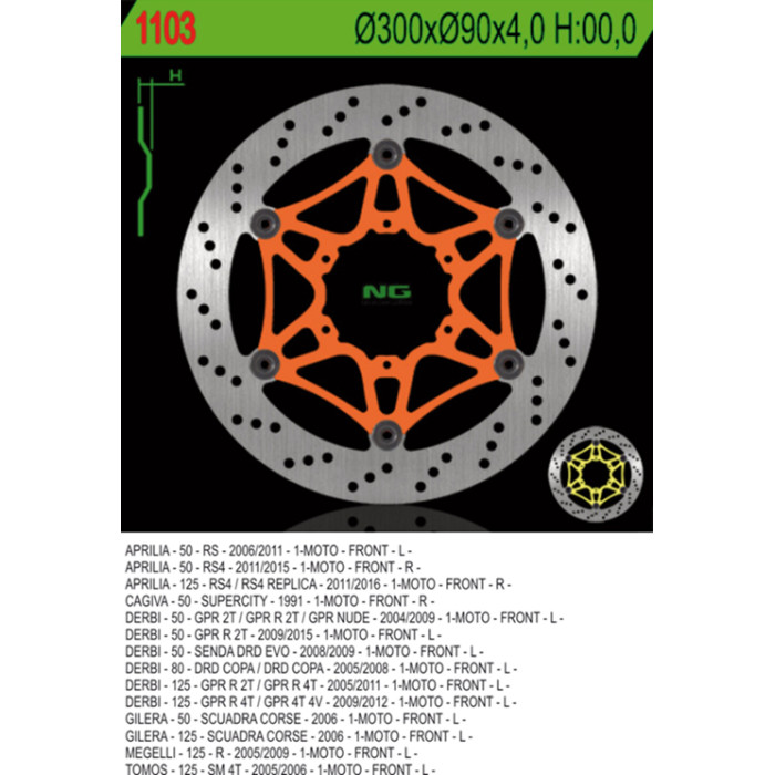 NG brake disc front APRILIA RS 50 / 125 '11-'14 (RS4), RS50 '07-'08, DERBI 50 / 80 / 125 (300X90X4) (6X6,5mm)