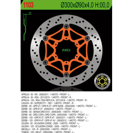 NG brake disc front APRILIA RS 50 / 125 '11-'14 (RS4), RS50 '07-'08, DERBI 50 / 80 / 125 (300X90X4) (6X6,5mm)