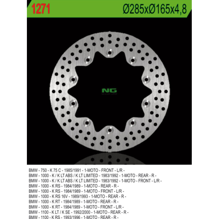 NG brake disc front BMW K 75C / RT / S '94-'96, front / rear K 100 '84-'93, K1100 '92-'00 (285X165X4.8) (10X5.5mm)