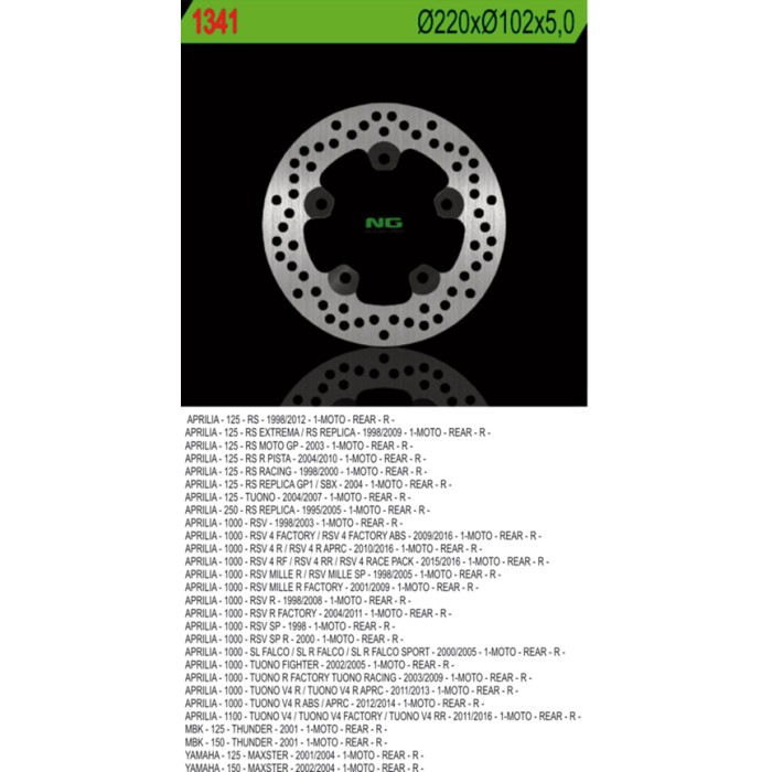 NG brake disc rear APRILIA RS 125, TUONO 1000, RSV 1000 (220X102X5 5 holes)