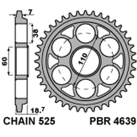 PBR galinė žvaigždė 4639 39 ( HARDENED STEEL ) DUCATI 1199 PANIGALE (12-13) (žingsnis 525)