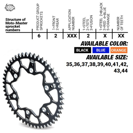 MOTO-MASTER rear sprocket aluminum T7075 4644 40 (464440) KTM SX 50/SX 50 MINI '02-, SX-E5 E-BIKE '19x17, TC 50 MINI '18-.