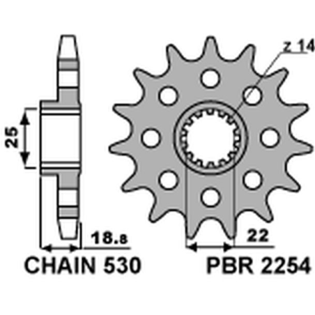 PBR priekinė žvaigždė 2254 14 18NC DUCATI 1200 MULTISTRADA 10-13 (žingsnis 530)