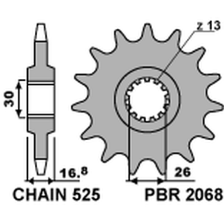 PBR priekinė žvaigždė 2068 16 HONDA CBR 600F '99-'14, CBR 600RR '03-'16, CBF 600 (JTF1370.16) (žingsnis 525) (206816JT)