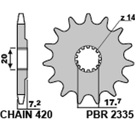 PBR priekinė žvaigždė 2335 14 18NC YAMAHA YZ 65 18-20 (žingsnis 420)