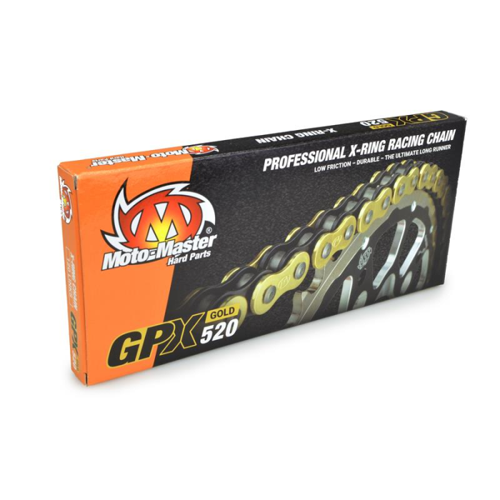 MOTO-MASTER grandinė GPX-520G PROFESSIONAL MOTOCROSS / ENDURO RACING X-RING CHAIN spalva auksinė (120 jungčių, grandinės jungtis