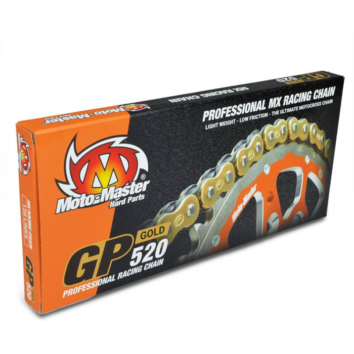 MOTO-MASTER grandinė GP-520G MX PROFESSIONAL MOTOCROSS RACING CHAIN be O-ring spalva auksinė (120 jungčių, grandinės jungtis kom